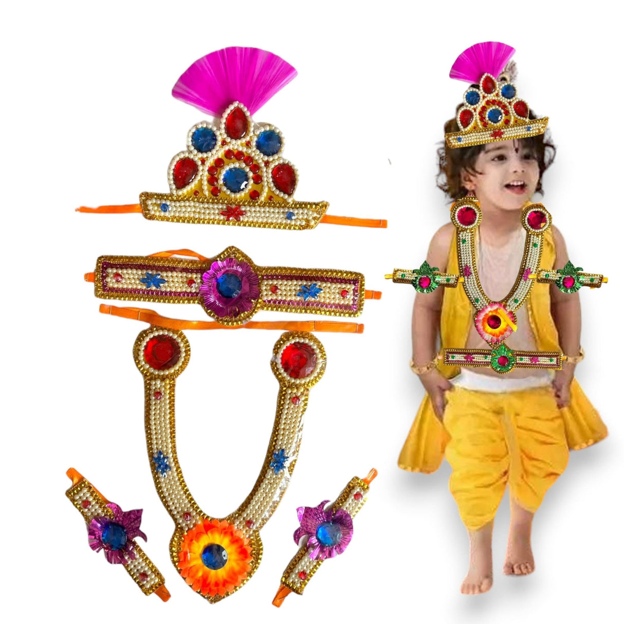 Krishna Jewelry Set for Janmashtami Celebration Krishna Leela Complete Accessories Makhan Chor Kanha Jewelry Set - Mukut Necklace Waist & Arm Band (5 Pcs Set) - LoveNspire