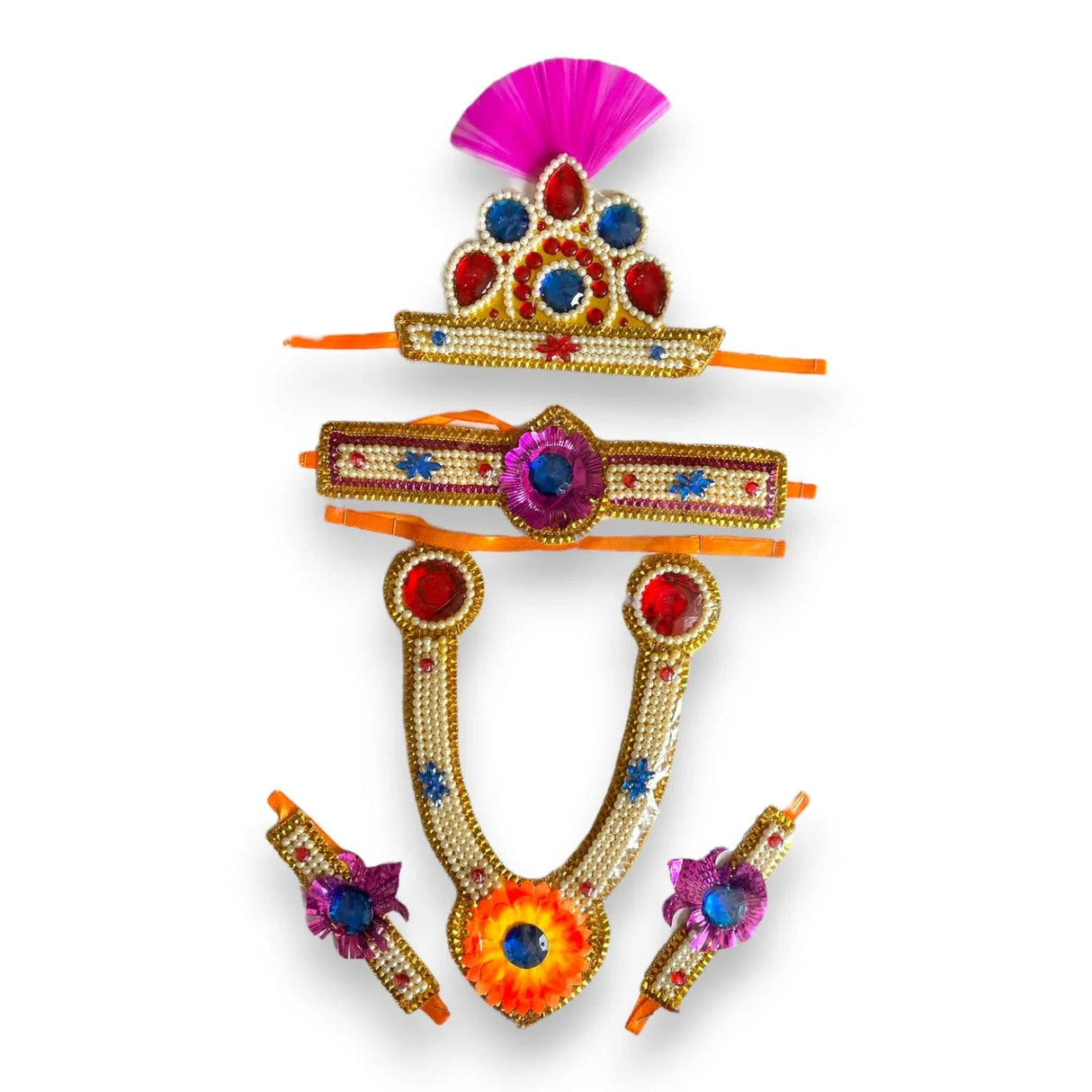 Krishna Jewelry Set for Janmashtami Celebration Krishna Leela Complete Accessories Makhan Chor Kanha Jewelry Set - Mukut Necklace Waist & Arm Band (5 Pcs Set) - LoveNspire
