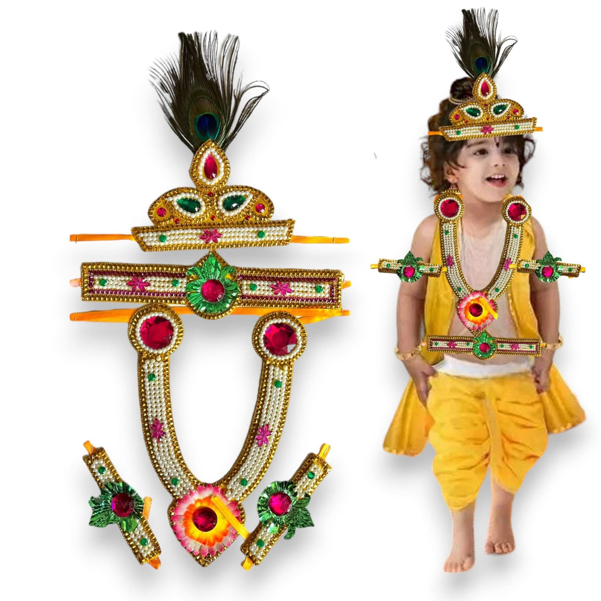 Krishna Jewelry Set for Janmashtami Celebration Krishna Leela Complete Accessories Makhan Chor Kanha Jewelry Set - Multi Color Mukut Necklace Waist & Arm Band - LoveNspire