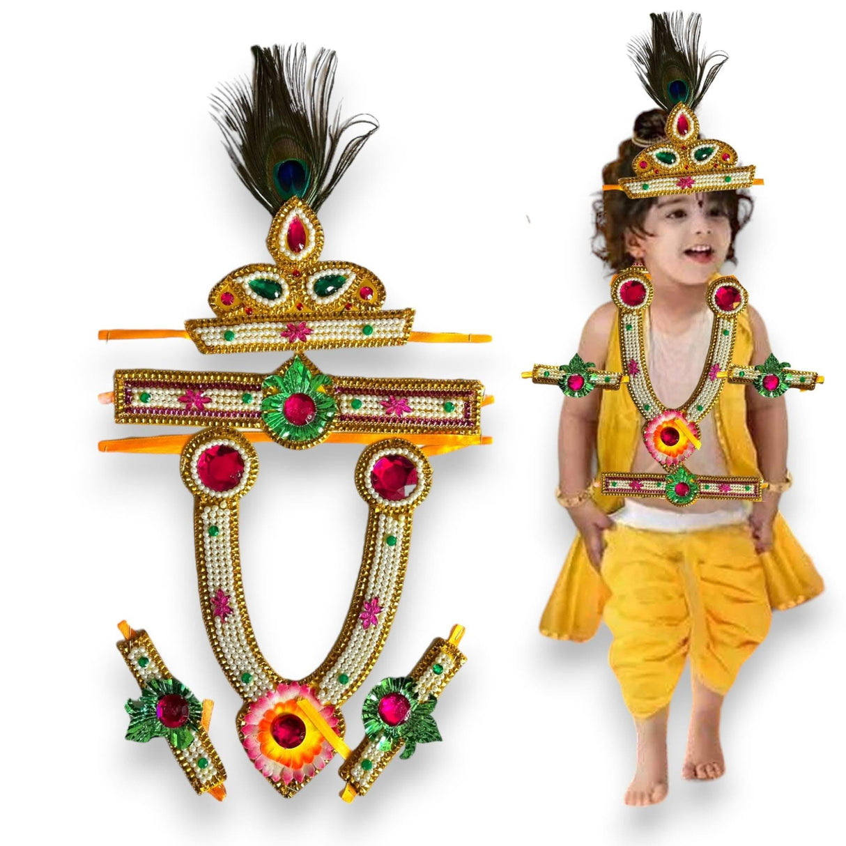 Krishna Jewelry Set for Janmashtami Celebration Krishna Leela Complete Accessories Makhan Chor Kanha Jewelry Set - Multi Color Mukut Necklace Waist & Arm Band - LoveNspire