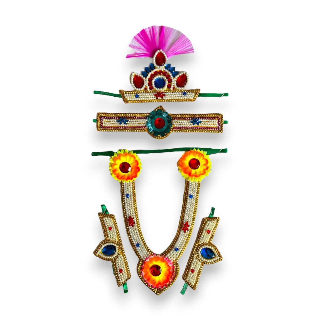 Krishna Jewelry Set for Janmashtami Celebration Makhan Chor Kanha Jewelry Set Krishna Leela Complete Accessories - Mukut Necklace Waist & Arm Band (5 Pcs Set) - LoveNspire