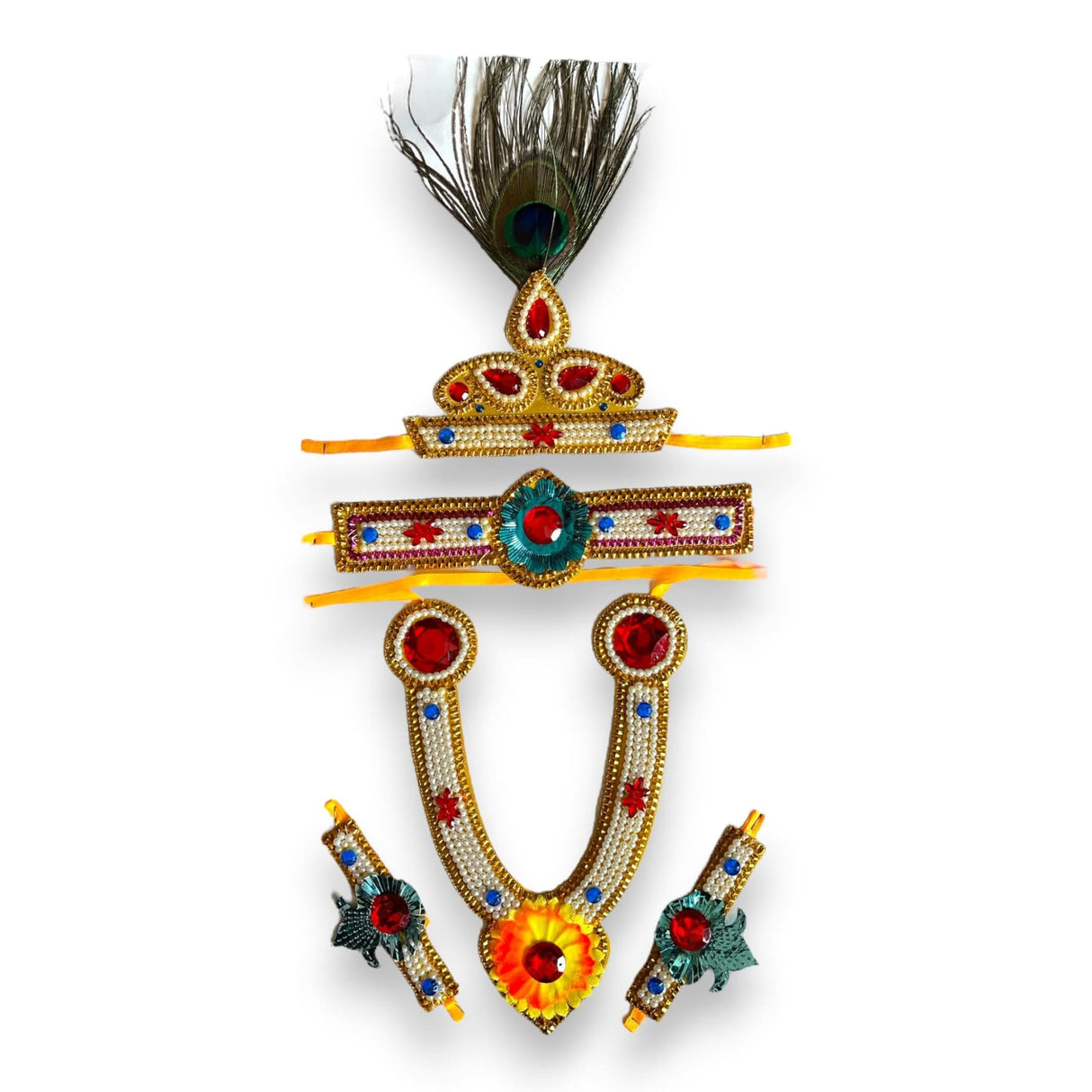Krishna Jewelry Set for Janmashtami Celebration Krishna Leela Complete Accessories Makhan Chor Kanha Jewelry Set - Multi Color Mukut Necklace Waist & Arm Band - LoveNspire