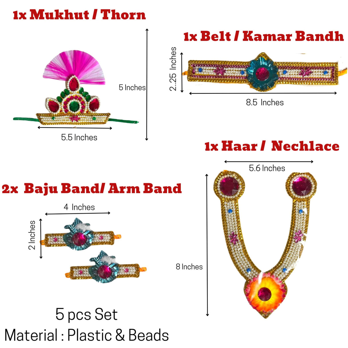 Krishna Jewelry Set for Janmashtami Celebration Makhan Chor Kanha Jewelry Set Krishna Leela Complete Accessories - Mukut Necklace Waist & Arm Band (5 Pcs Set) - LoveNspire