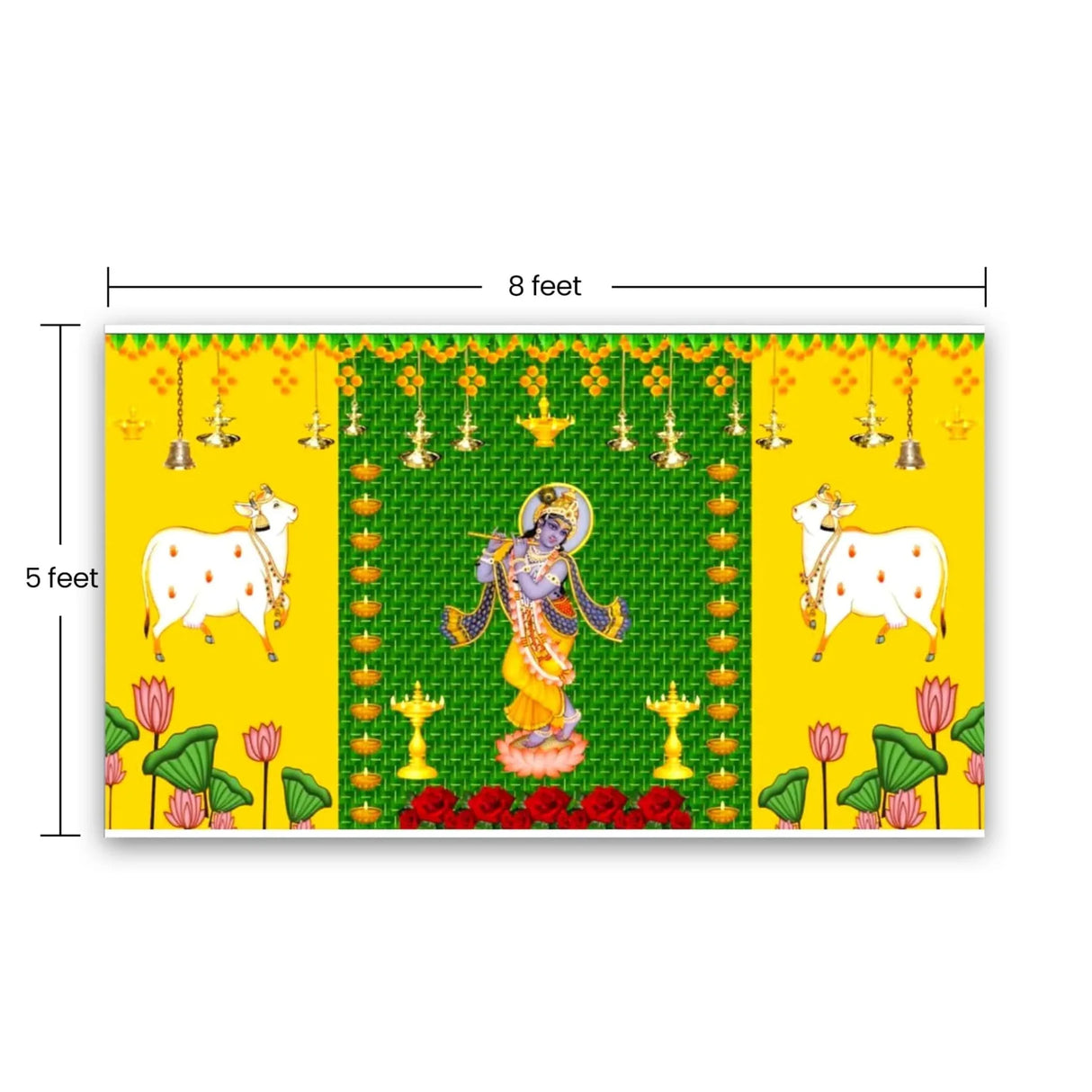 Krishna with Cow Backdrop Indian Traditional Cloth 5x8 Feet Backdrop Pooja Wall Decor Indian Wall Art Photo Decor Banner Indian Janmashtami Decor Decorative Pooja Cloth - LoveNspire