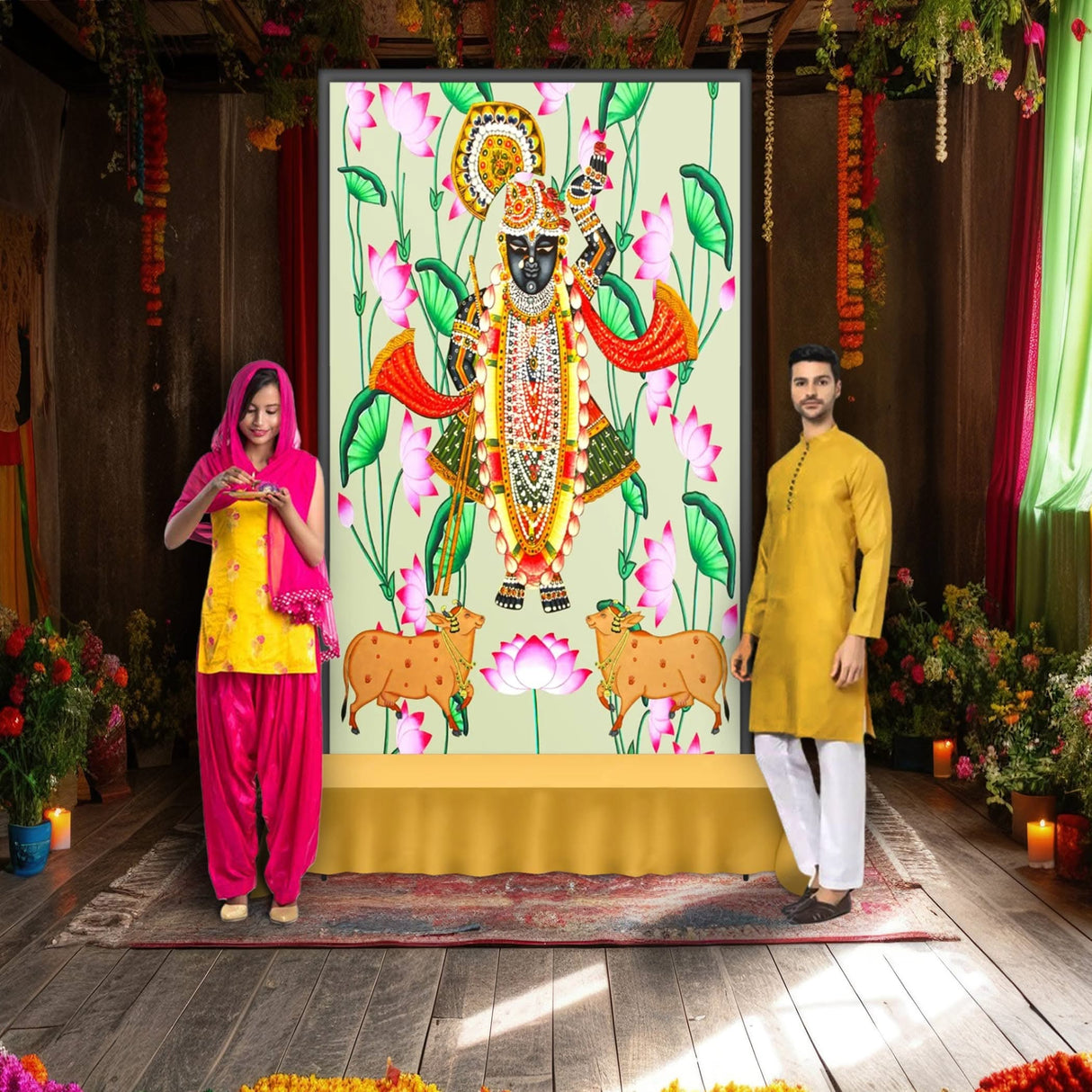 Krishna with Cow Backdrop Indian Traditional Cloth 5x8 Feet Backdrop Pooja Wall Decor Indian Wall Art Photo Decor Banner Indian Wedding Favor Decorative Pooja Cloth - LoveNspire