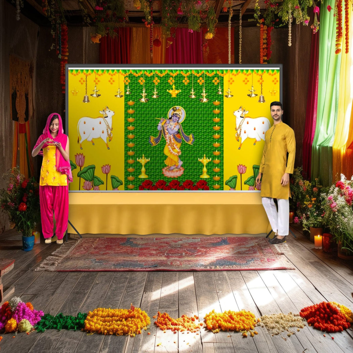 Krishna with Cow Backdrop Indian Traditional Cloth 5x8 Feet Backdrop Pooja Wall Decor Indian Wall Art Photo Decor Banner Indian Janmashtami Decor Decorative Pooja Cloth - LoveNspire