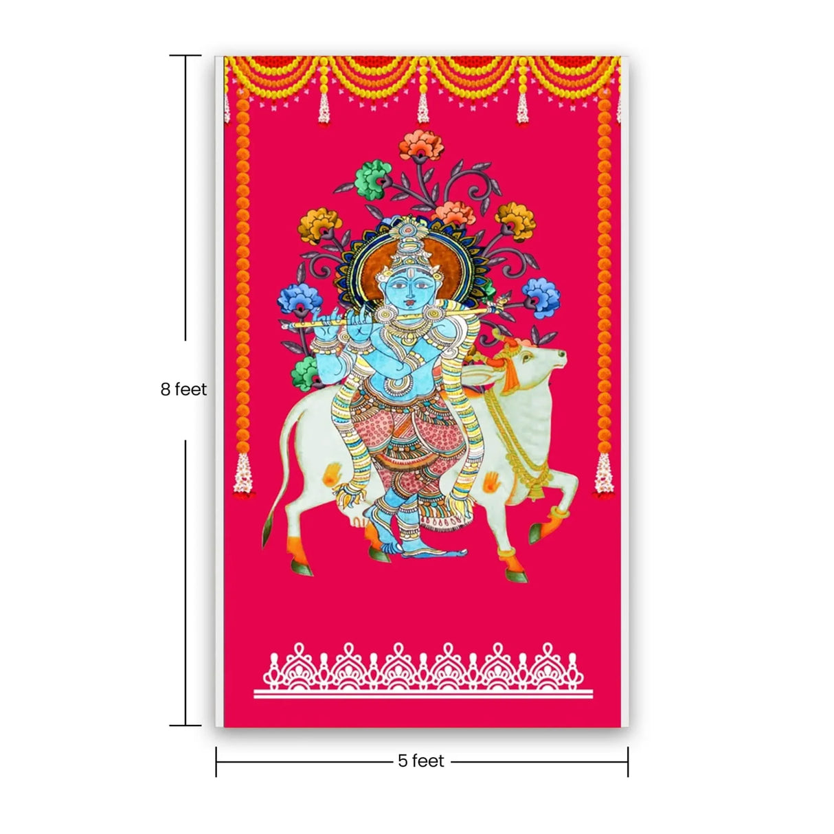 Krishna with Cow Backdrop Indian Traditional Rani Cloth 5x8 Feet Backdrop Pooja Wall Decor Indian Wall Art Photo Decor Banner Indian Wedding Favor Decorative Cloth - LoveNspire