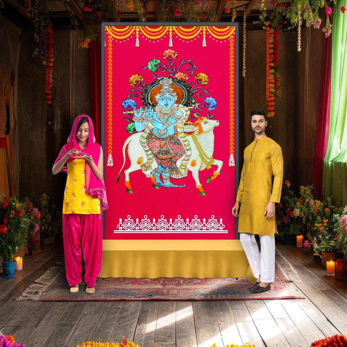 Krishna with Cow Backdrop Indian Traditional Rani Cloth 5x8 Feet Backdrop Pooja Wall Decor Indian Wall Art Photo Decor Banner Indian Wedding Favor Decorative Cloth - LoveNspire