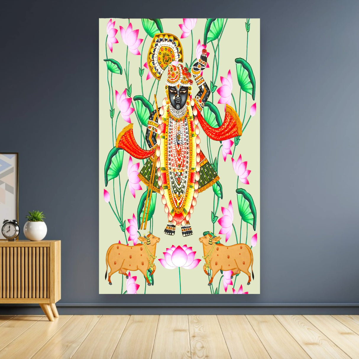 Krishna with Cow Backdrop Indian Traditional Cloth 5x8 Feet Backdrop Pooja Wall Decor Indian Wall Art Photo Decor Banner Indian Wedding Favor Decorative Pooja Cloth - LoveNspire
