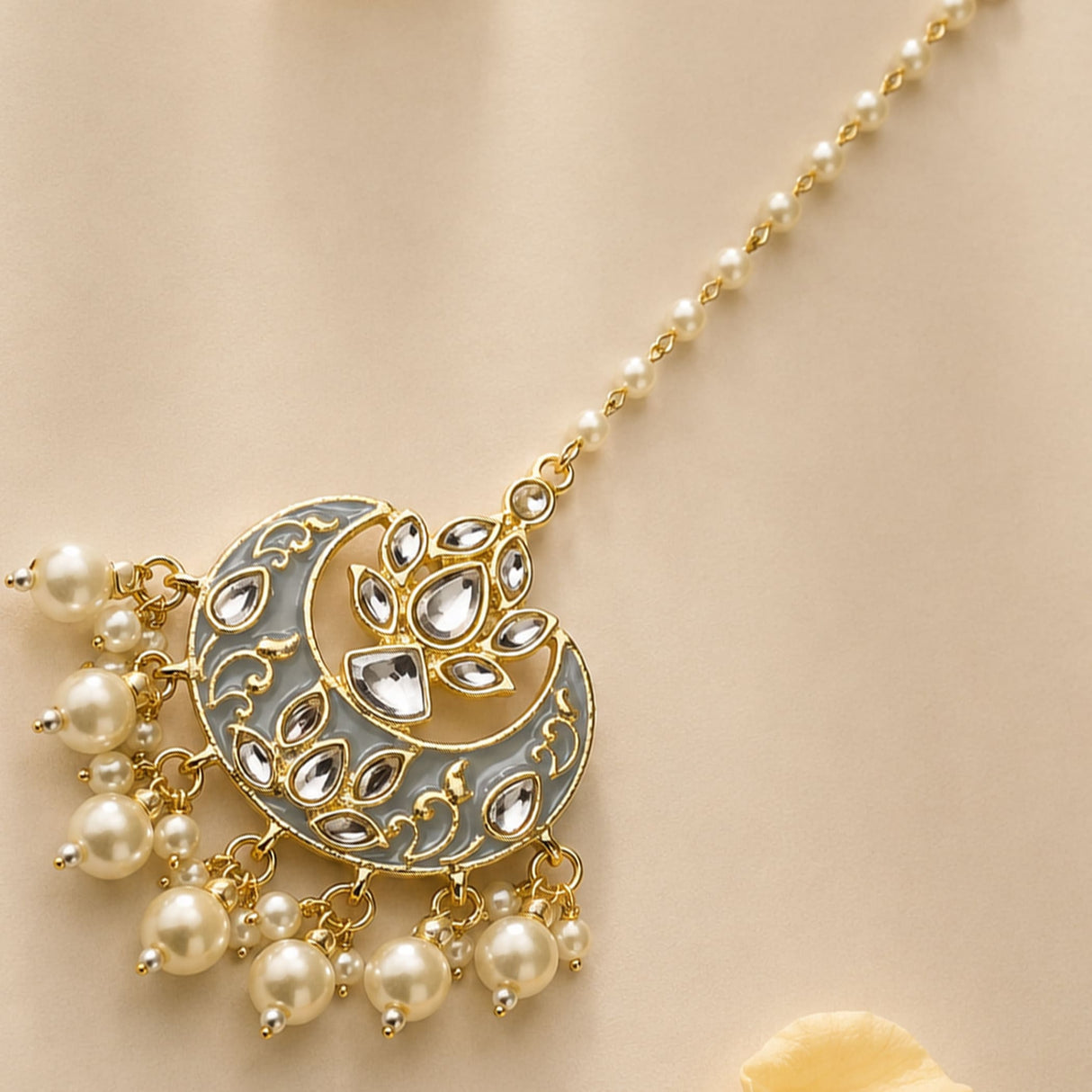 Kundan chand tikka gold plated crescent maang tikka with enamel work crystals and cream pearls for Indian wedding