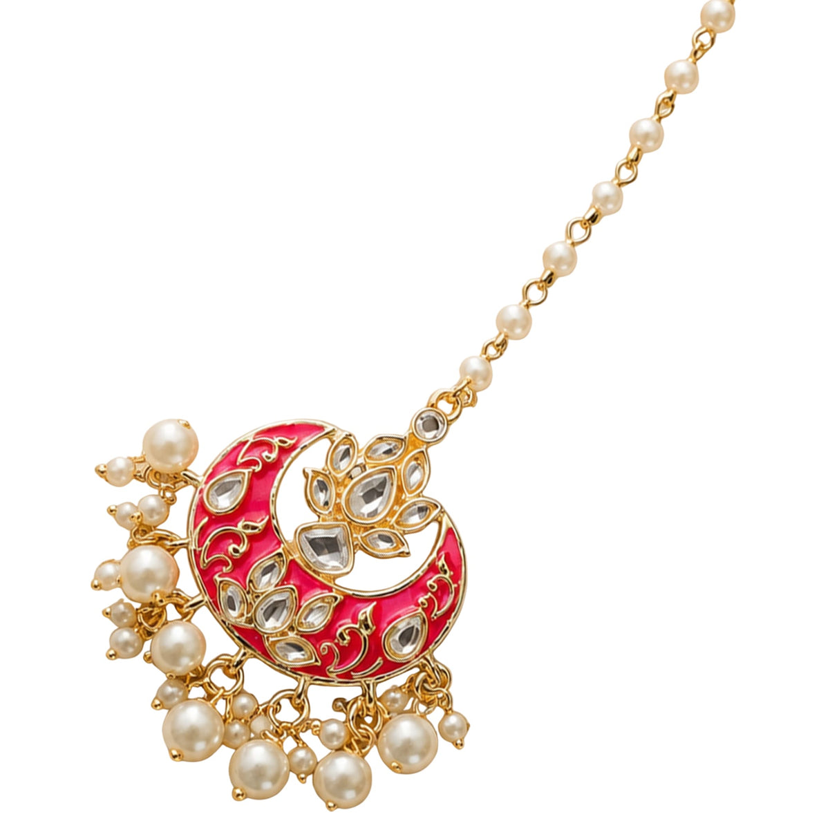 A vibrant red and gold kundan chand tikka maang tikka with clear stones pearls gold plating for Indian wedding fashion