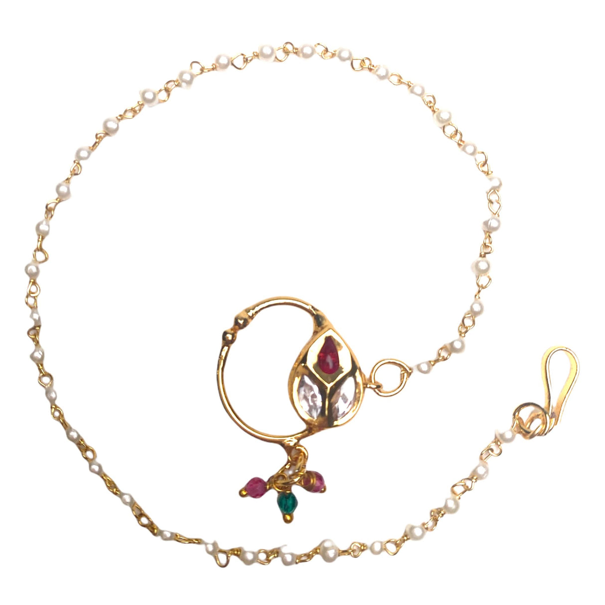 Kundan Classis Nose Ring with Gold Plating Pearl Hair Chain - Indian Bridal Nath with Faux Pearl Chain Designer Bollywood Style Nose Stud for Women Non-Piercing Nose Accessory Gift for Her - LoveNspire