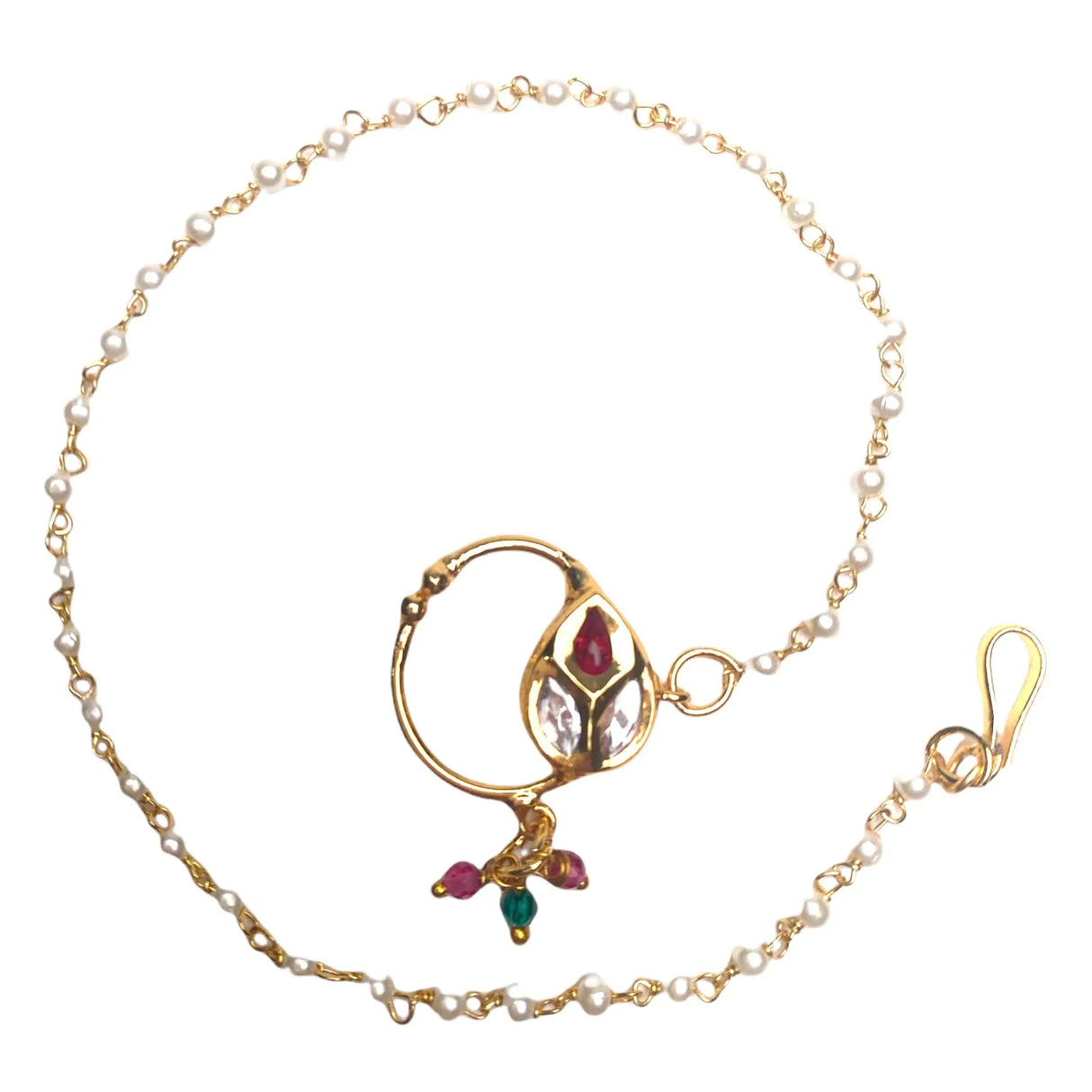 Kundan Classis Nose Ring with Gold Plating Pearl Hair Chain - Indian Bridal Nath with Faux Pearl Chain Designer Bollywood Style Nose Stud for Women Non-Piercing Nose Accessory Gift for Her - LoveNspire
