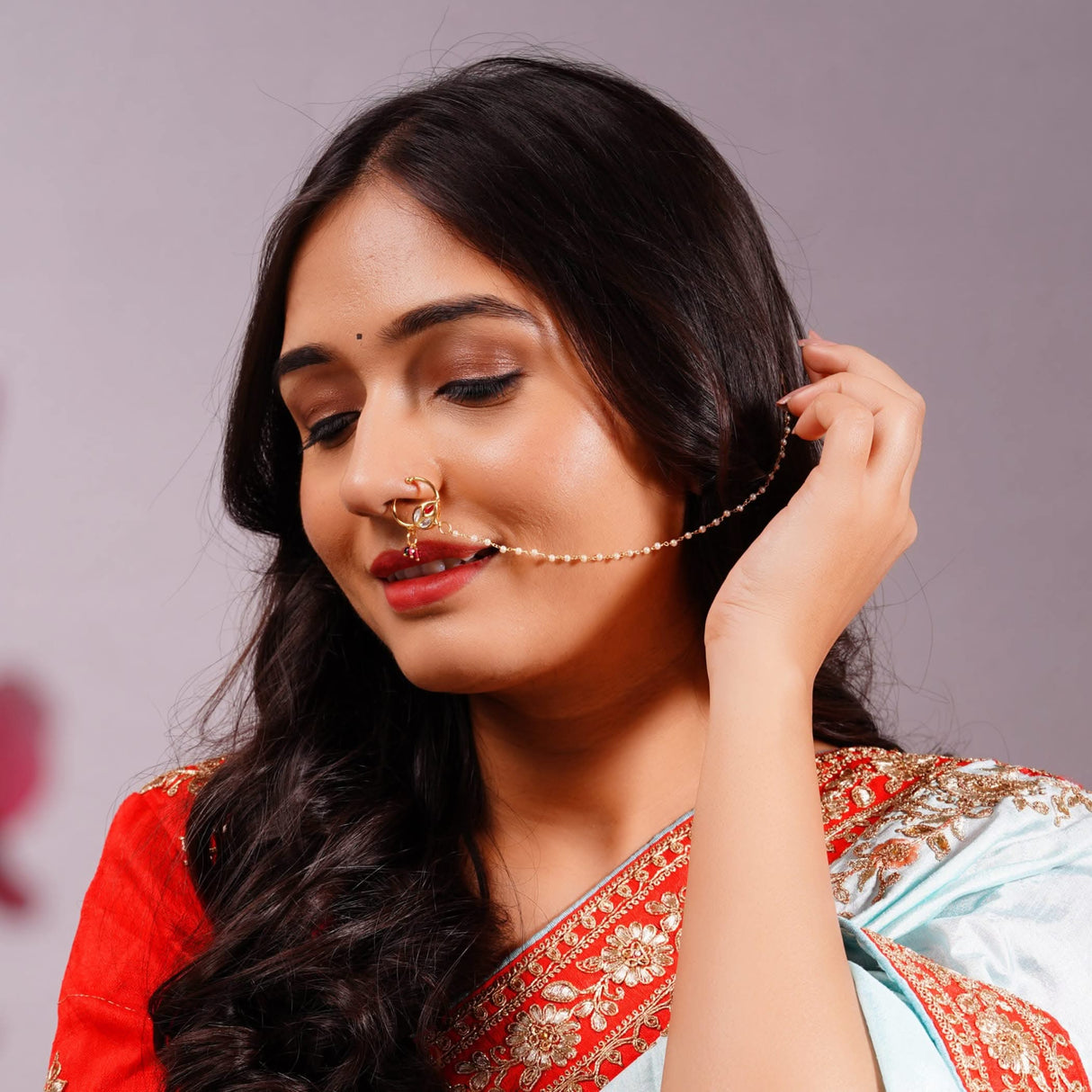 Kundan Classis Nose Ring with Gold Plating Pearl Hair Chain - Indian Bridal Nath with Faux Pearl Chain Designer Bollywood Style Nose Stud for Women Non-Piercing Nose Accessory Gift for Her - LoveNspire