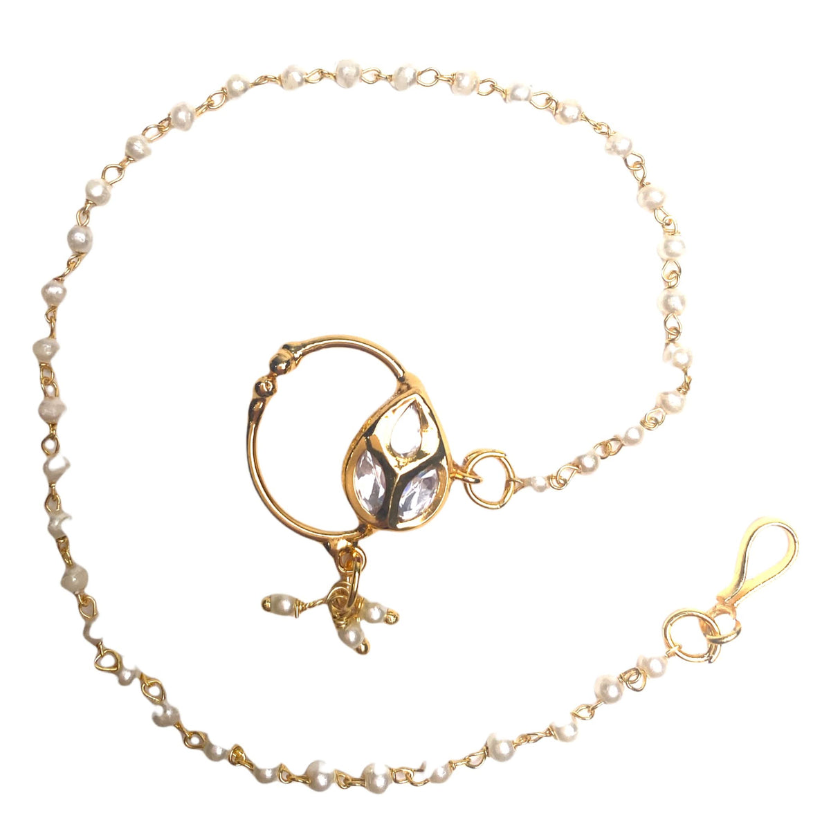 Kundan Classis Nose Ring with Gold Plating Pearl Hair Chain - Indian Bridal Nath with Faux Pearl Chain Designer Bollywood Style Nose Stud for Women Non-Piercing Nose Accessory Gift for Her - LoveNspire