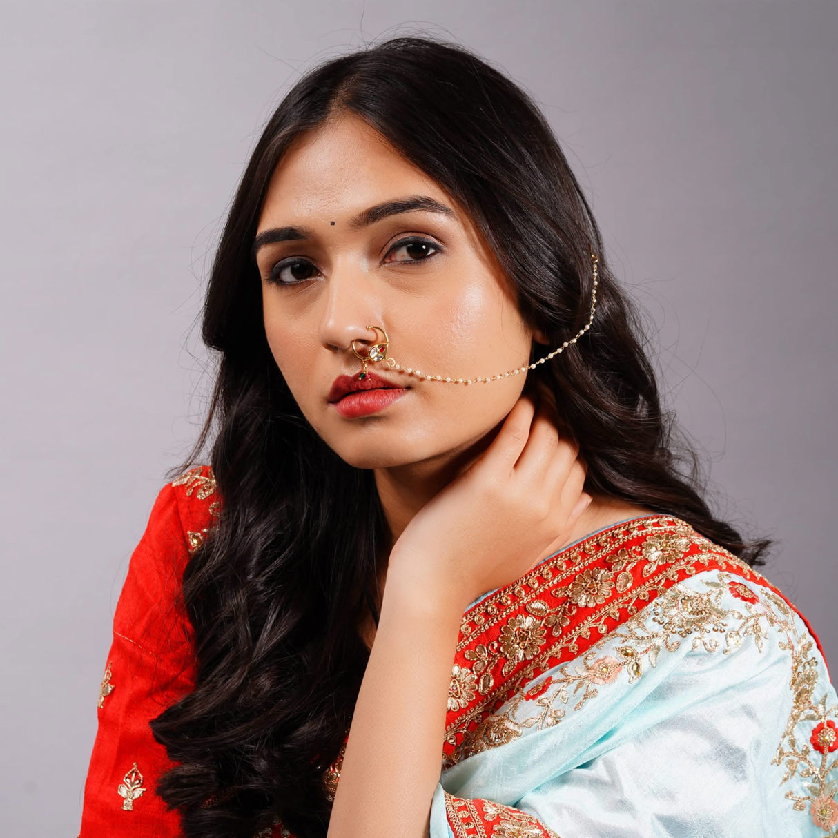 Kundan Classis Nose Ring with Gold Plating Pearl Hair Chain - Indian Bridal Nath with Faux Pearl Chain Designer Bollywood Style Nose Stud for Women Non-Piercing Nose Accessory Gift for Her - LoveNspire