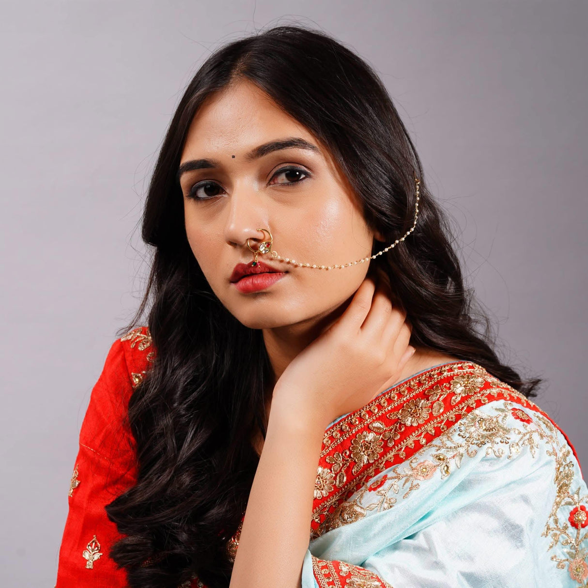 Kundan Classis Nose Ring with Gold Plating Pearl Hair Chain - Indian Bridal Nath with Faux Pearl Chain Designer Bollywood Style Nose Stud for Women Non-Piercing Nose Accessory Gift for Her - LoveNspire