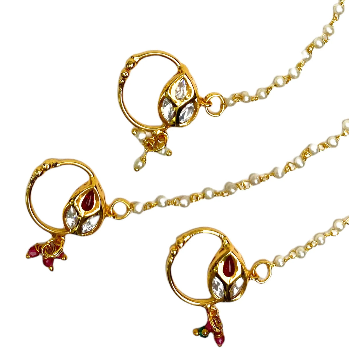 Kundan Classis Nose Ring with Gold Plating Pearl Hair Chain - Indian Bridal Nath with Faux Pearl Chain Designer Bollywood Style Nose Stud for Women Non-Piercing Nose Accessory Gift for Her - LoveNspire