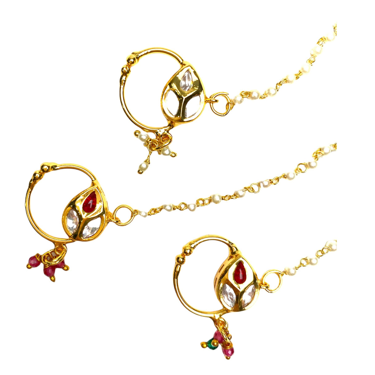 Kundan Classis Nose Ring with Gold Plating Pearl Hair Chain - Indian Bridal Nath with Faux Pearl Chain Designer Bollywood Style Nose Stud for Women Non-Piercing Nose Accessory Gift for Her - LoveNspire