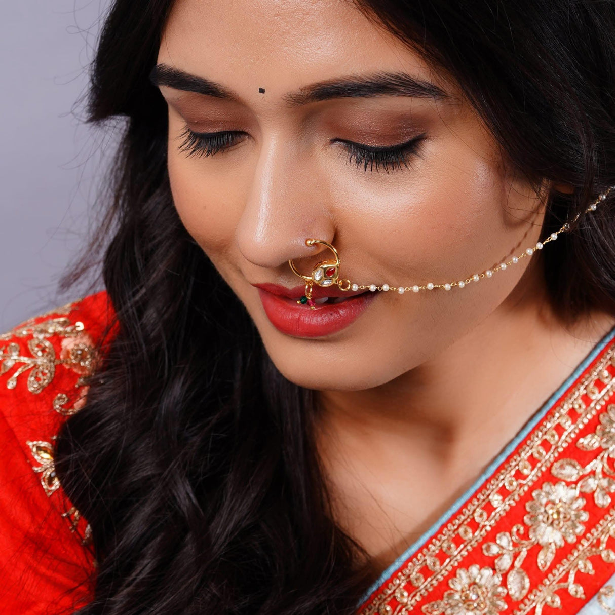 Kundan Classis Nose Ring with Gold Plating Pearl Hair Chain - Indian Bridal Nath with Faux Pearl Chain Designer Bollywood Style Nose Stud for Women Non-Piercing Nose Accessory Gift for Her - LoveNspire