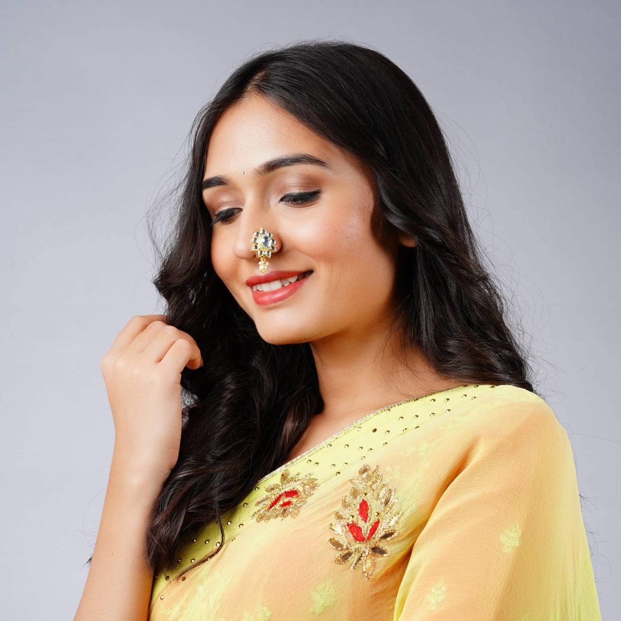 Indian Kundan Nose Ring for Women - Indian Bridal Nose Stud Ring Clip-On Septum Jewelry Faux Pearl Drop Kundan Crystal Bollywood Style Marathi Nath Non-Piercing Nose Accessory Gift for Her - LoveNspire