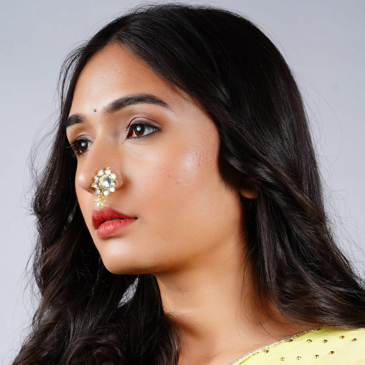 Indian Kundan Nose Ring for Women - Indian Bridal Nose Stud Ring Clip-On Septum Jewelry Faux Pearl Drop Kundan Crystal Bollywood Style Marathi Nath Non-Piercing Nose Accessory Gift for Her - LoveNspire