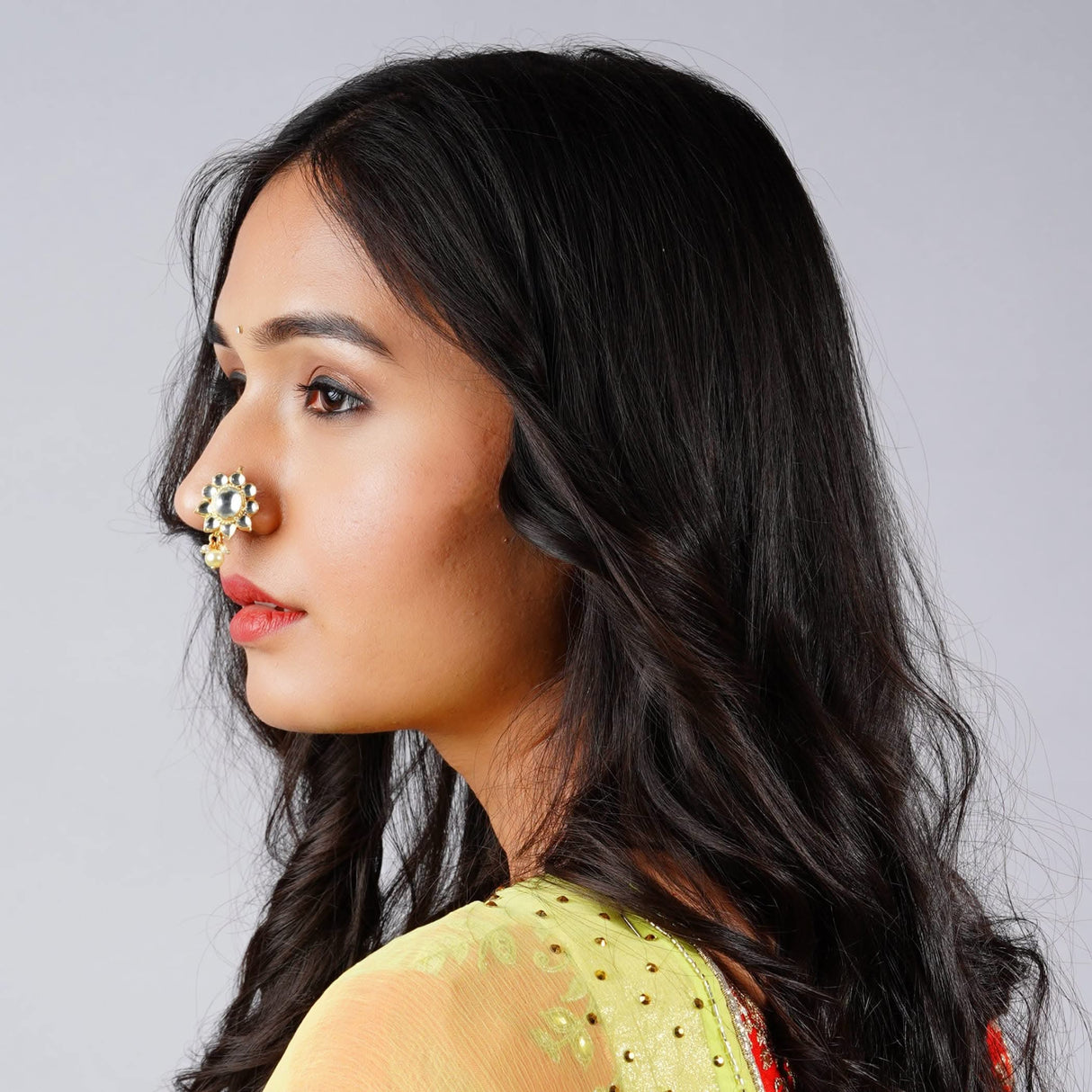 Indian Kundan Nose Ring for Women - Indian Bridal Nose Stud Ring Clip-On Septum Jewelry Faux Pearl Drop Kundan Crystal Bollywood Style Marathi Nath Non-Piercing Nose Accessory Gift for Her - LoveNspire