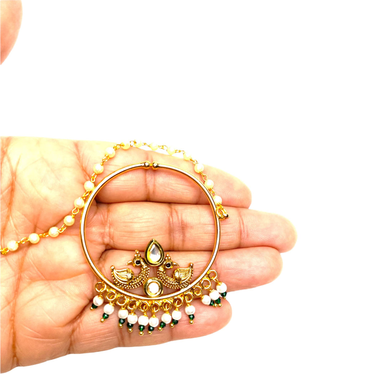 Kundan Crystal Nose Ring with Gold Plating Pearl Hair Chain - Indian Bridal Nath with Faux Pearl Chain Designer Bollywood Style Nose Pin for Women Non-Piercing Nose Accessory Gift for Her - LoveNspire