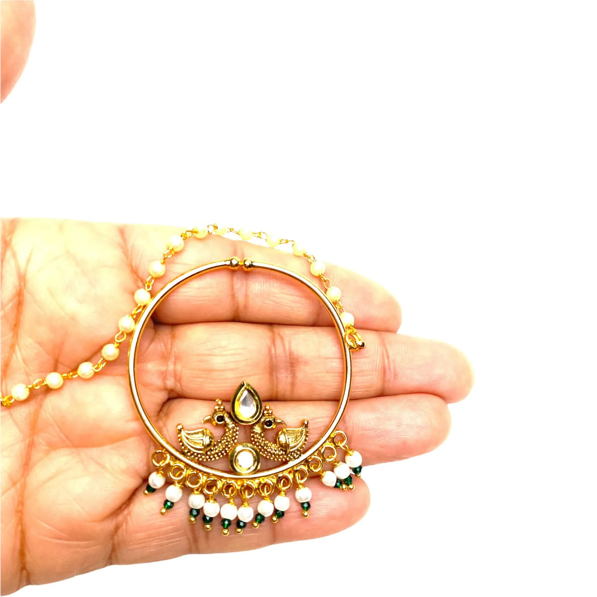 Kundan Crystal Nose Ring with Gold Plating Pearl Hair Chain - Indian Bridal Nath with Faux Pearl Chain Designer Bollywood Style Nose Pin for Women Non-Piercing Nose Accessory Gift for Her - LoveNspire