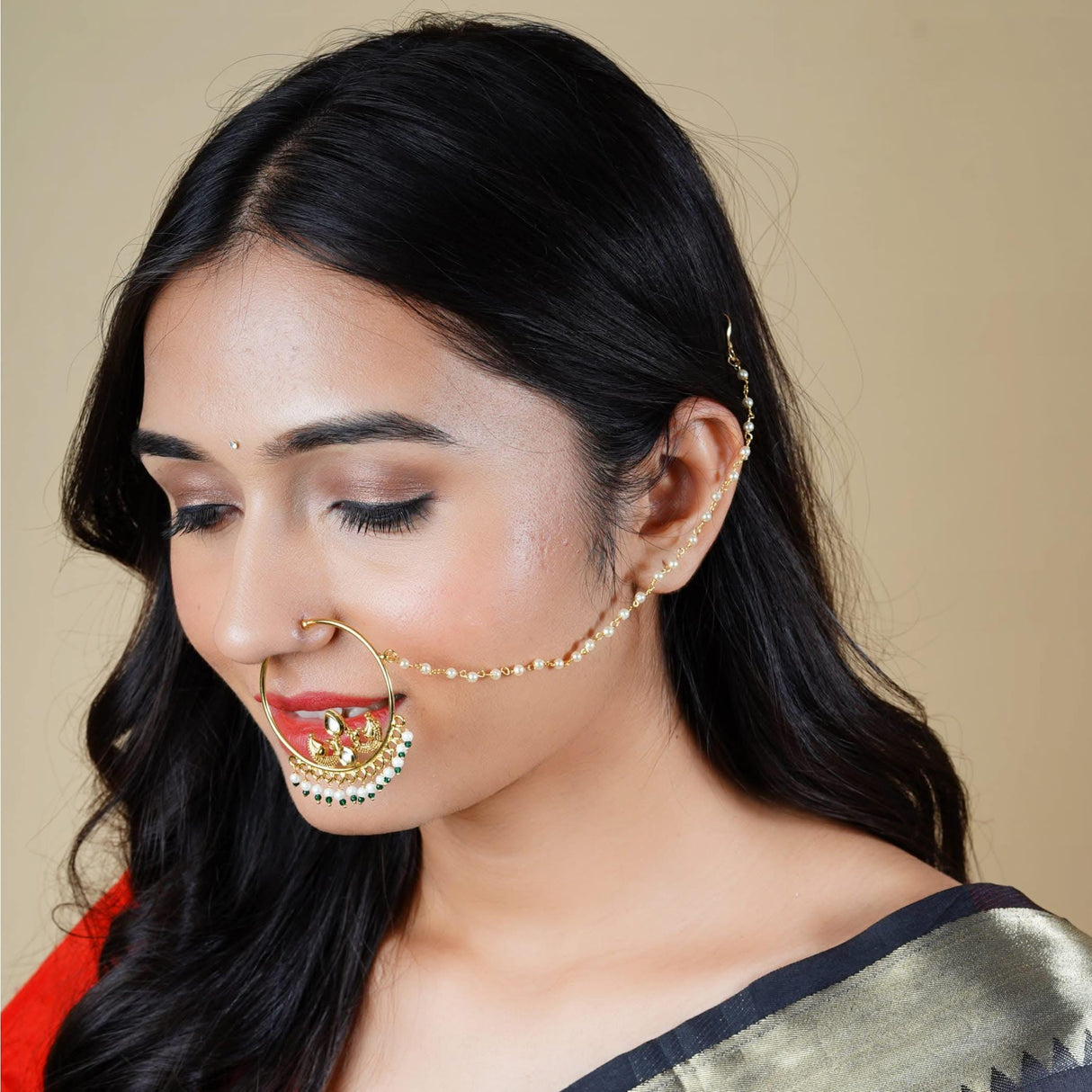 Kundan Crystal Nose Ring with Gold Plating Pearl Hair Chain - Indian Bridal Nath with Faux Pearl Chain Designer Bollywood Style Nose Pin for Women Non-Piercing Nose Accessory Gift for Her - LoveNspire