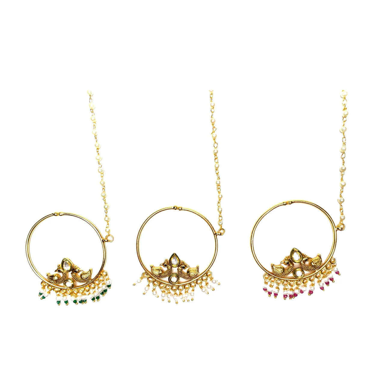 Kundan Crystal Nose Ring with Gold Plating Pearl Hair Chain - Indian Bridal Nath with Faux Pearl Chain Designer Bollywood Style Nose Pin for Women Non-Piercing Nose Accessory Gift for Her - LoveNspire