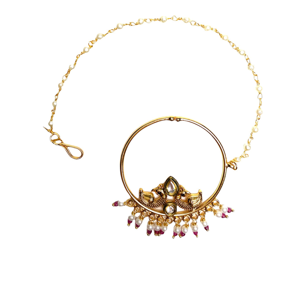 Kundan Crystal Nose Ring with Gold Plating Pearl Hair Chain - Indian Bridal Nath with Faux Pearl Chain Designer Bollywood Style Nose Pin for Women Non-Piercing Nose Accessory Gift for Her - LoveNspire