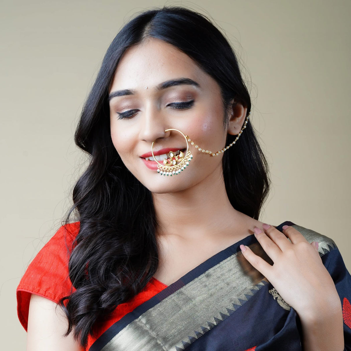 Kundan Crystal Nose Ring with Gold Plating Pearl Hair Chain - Indian Bridal Nath with Faux Pearl Chain Designer Bollywood Style Nose Pin for Women Non-Piercing Nose Accessory Gift for Her - LoveNspire