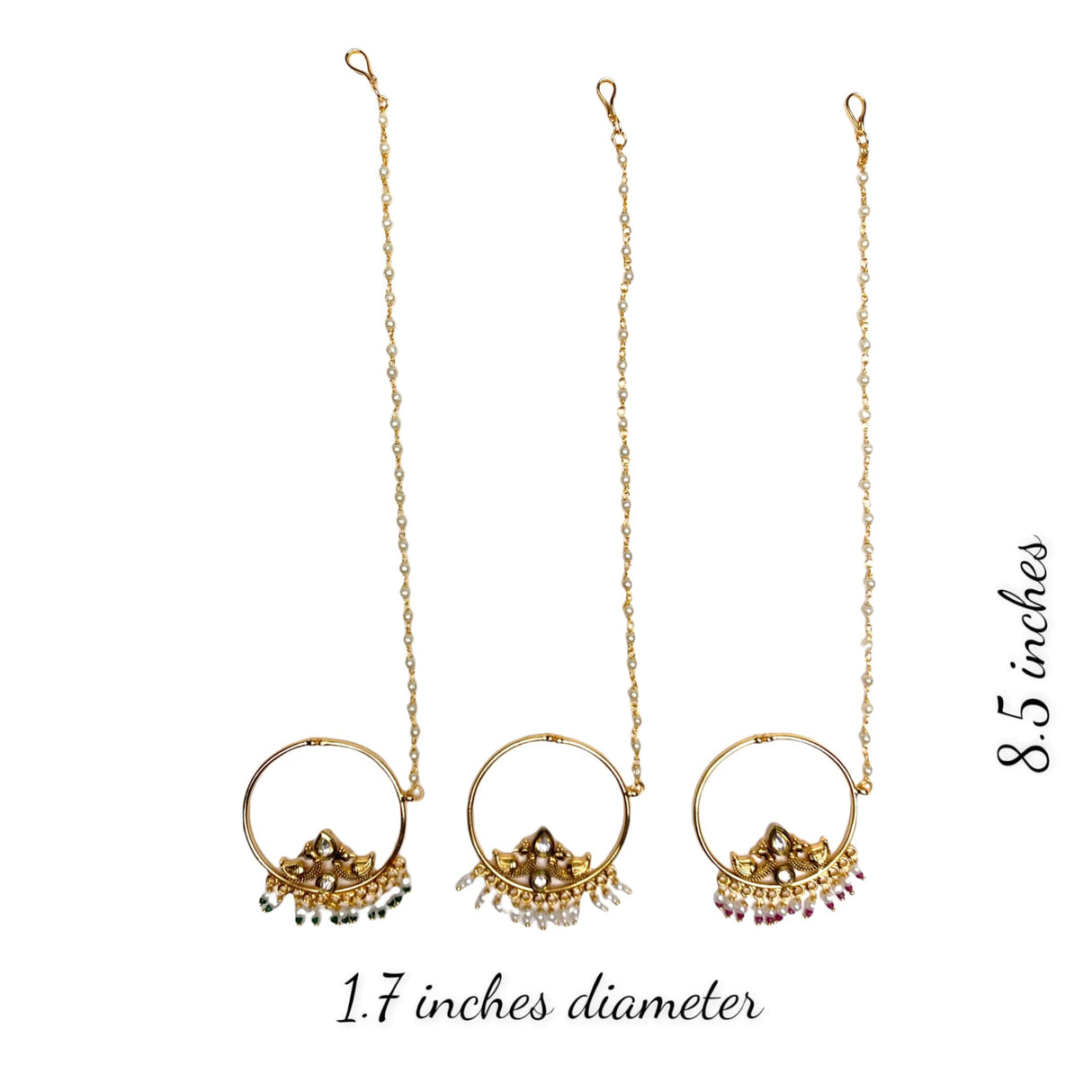 Kundan Crystal Nose Ring with Gold Plating Pearl Hair Chain - Indian Bridal Nath with Faux Pearl Chain Designer Bollywood Style Nose Pin for Women Non-Piercing Nose Accessory Gift for Her - LoveNspire