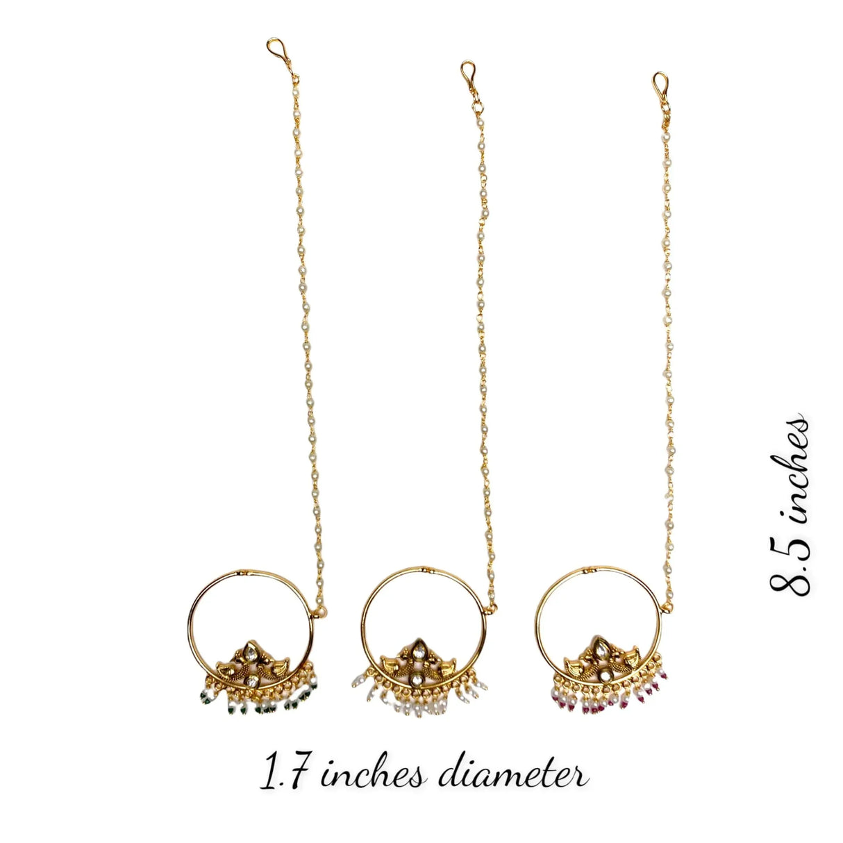 Kundan Crystal Nose Ring with Gold Plating Pearl Hair Chain - Indian Bridal Nath with Faux Pearl Chain Designer Bollywood Style Nose Pin for Women Non-Piercing Nose Accessory Gift for Her - LoveNspire