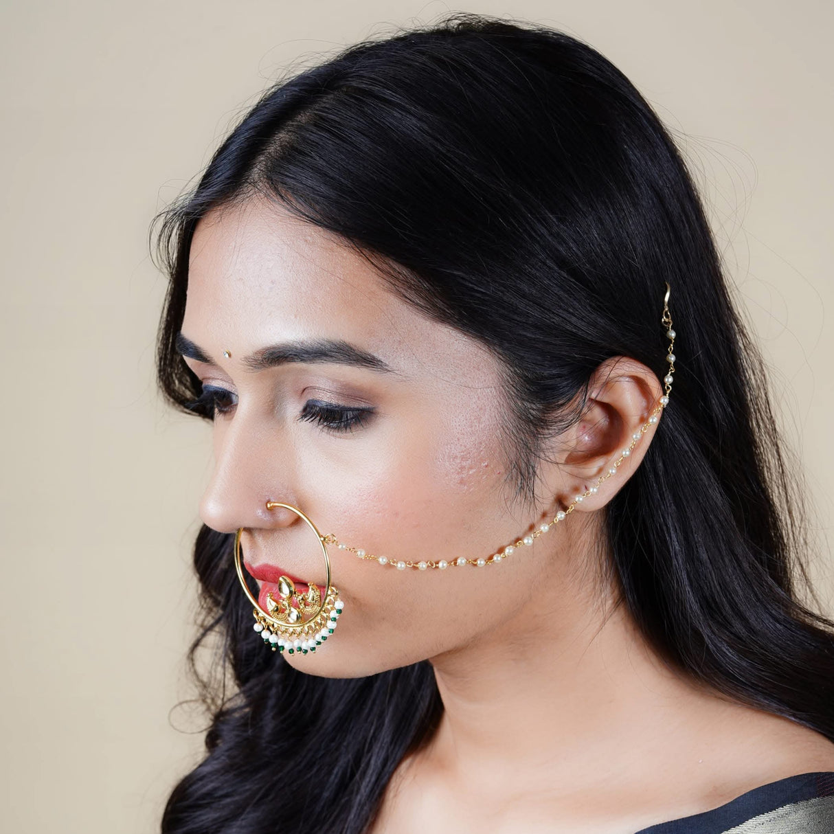 Kundan Crystal Nose Ring with Gold Plating Pearl Hair Chain - Indian Bridal Nath with Faux Pearl Chain Designer Bollywood Style Nose Pin for Women Non-Piercing Nose Accessory Gift for Her - LoveNspire