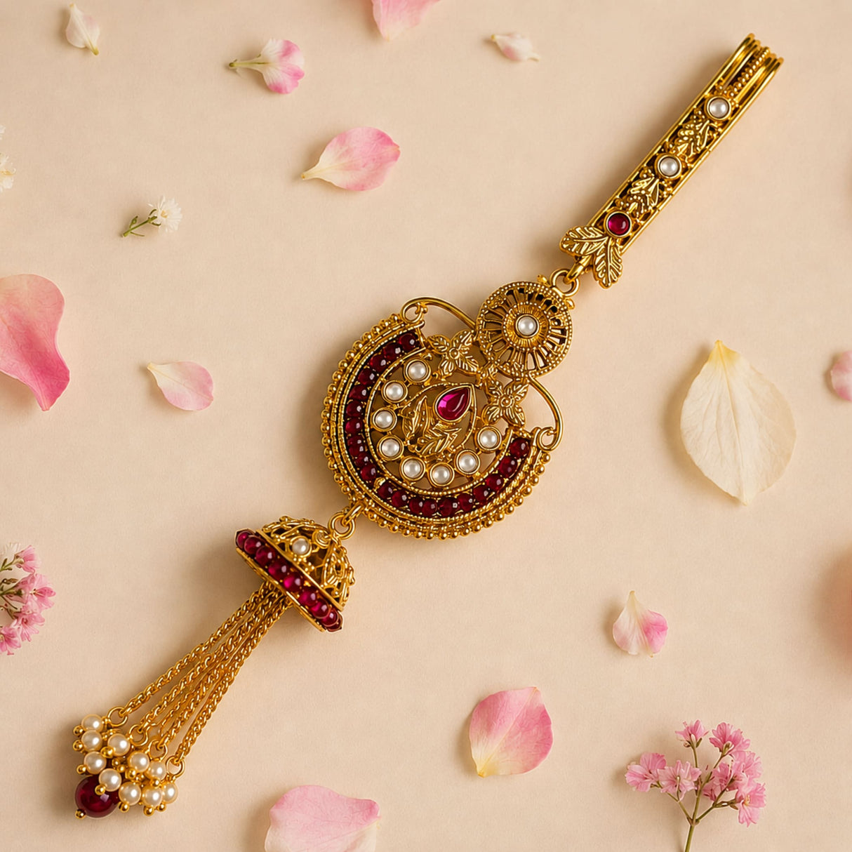 Gold-colored ornate bridal tikka with red gemstones pearls and intricate filigree in Indian kamarbandh ethnic jewelry gift