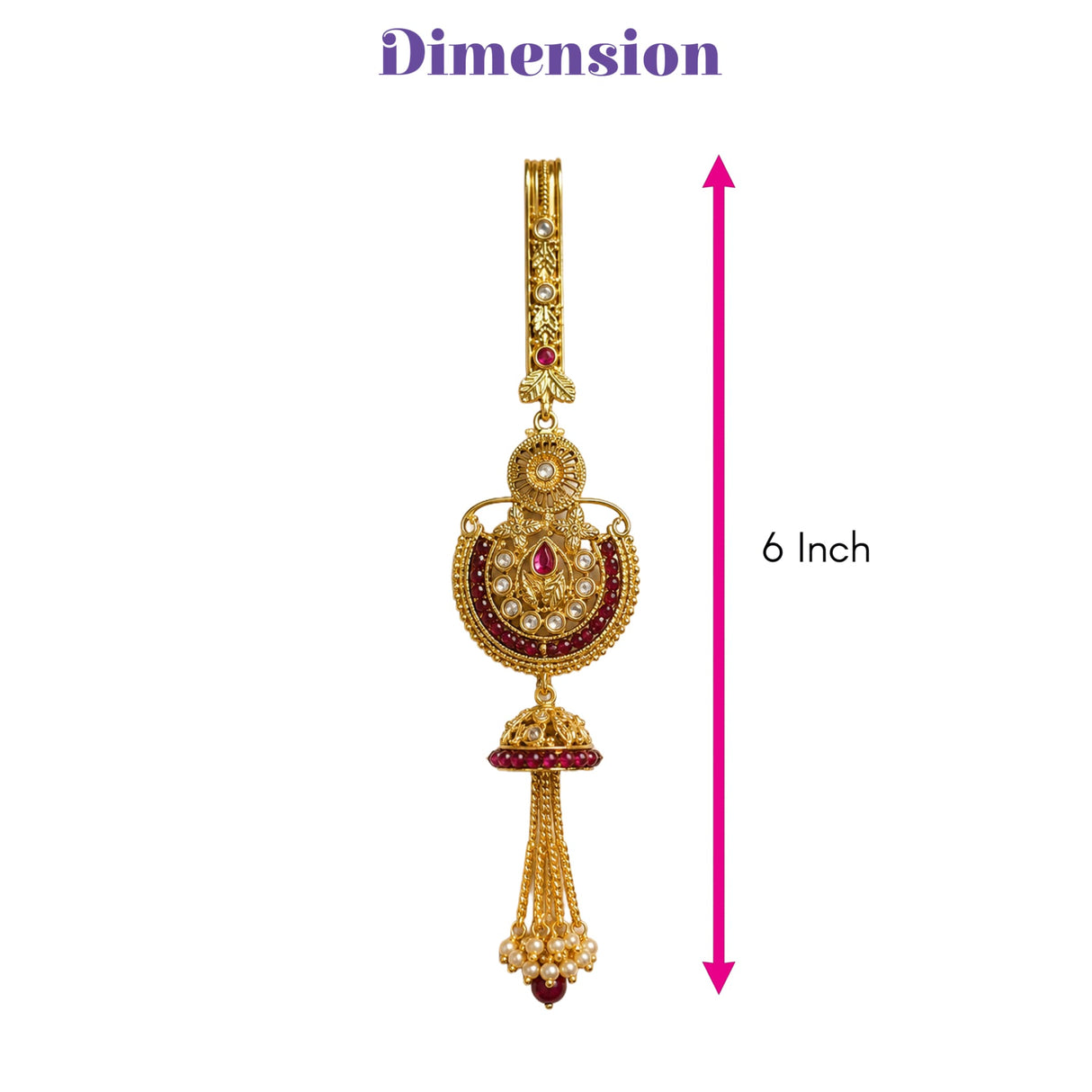 Indian waist key chain in gold plating with intricate filigree, red gemstones, and pearl embellishments for bridal wear