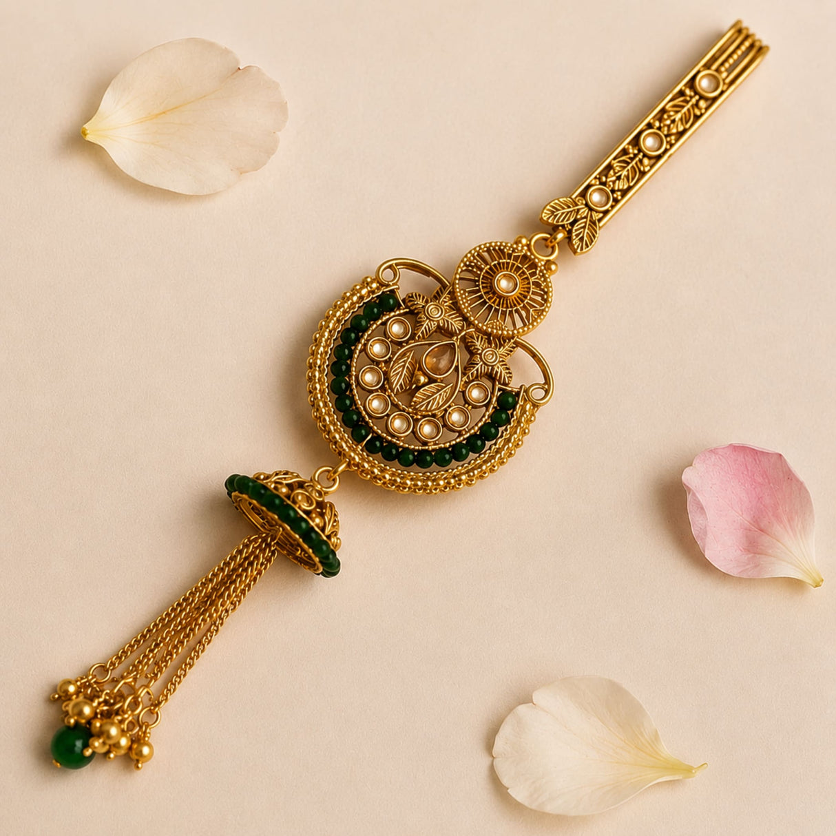 Indian kamarbandh waist key chain with gold plating peacock design green gemstones and pearl bridal jewelry gift