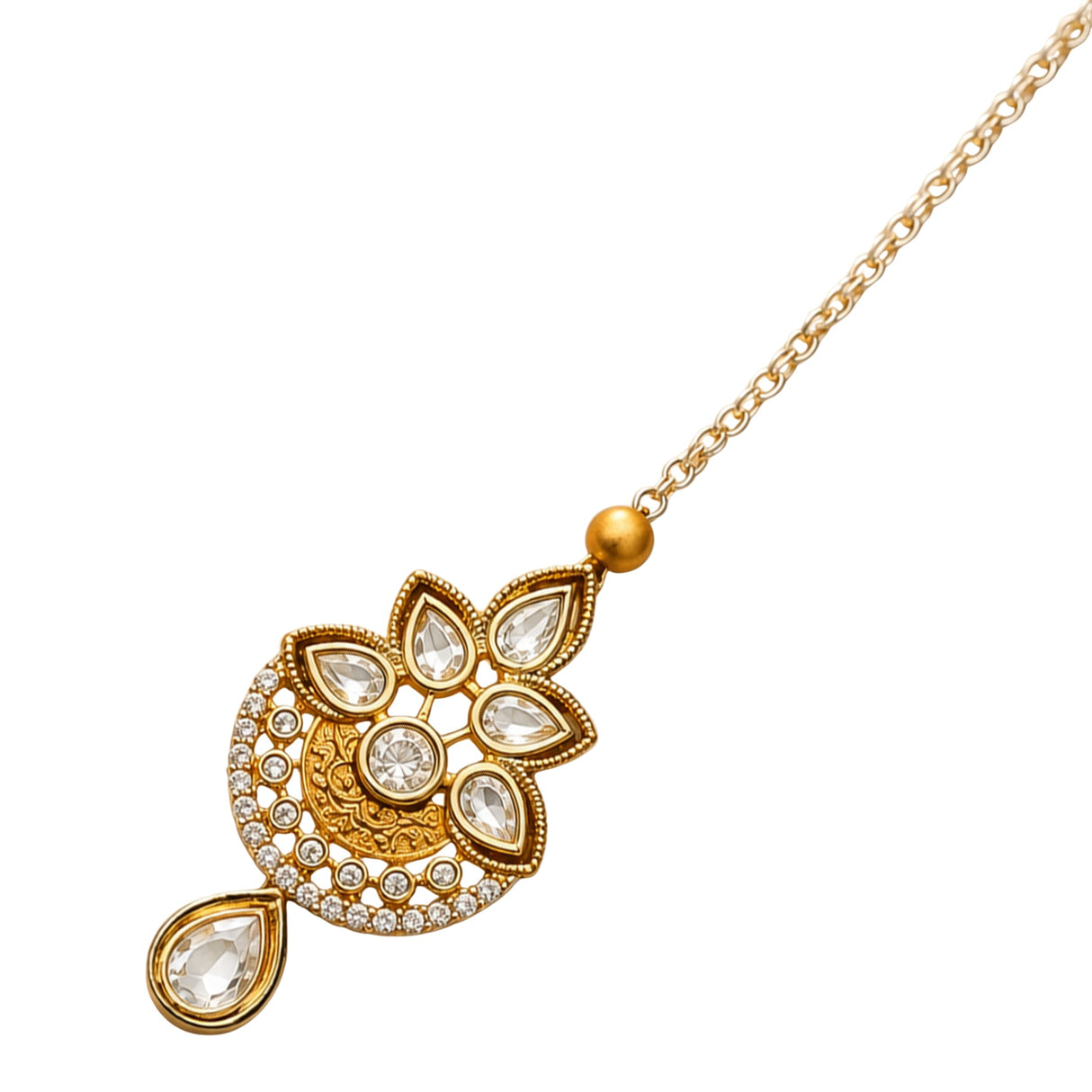 Gold-plated floral headpiece with teardrop-shaped and round clear stones set in an ornate, traditional design.