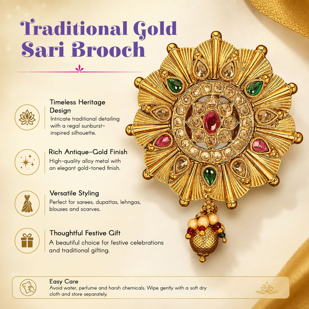 A traditional gold sari brooch with intricate sunburst design and green pink gemstones for bridal wedding accessories