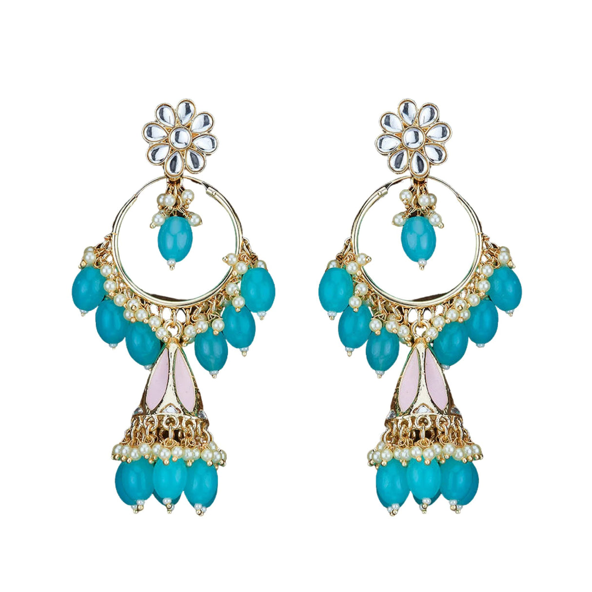 Indian Jhumka Earrings for Women - Large Kundan Faux Pearls Drop Chanbali Earrings Floral Indian Jhumki Ethnic Beaded Bollywood Style Dangle Earrings Jewelry for Bride Birthday Gift for Her - LoveNspire