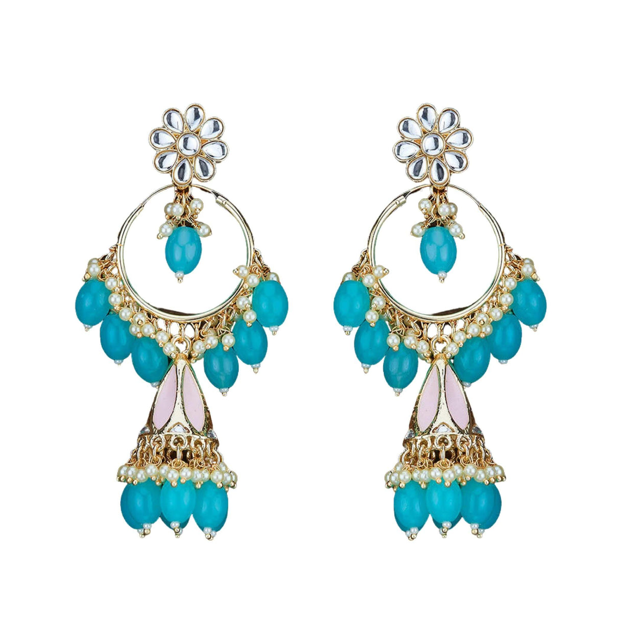 Indian Jhumka Earrings for Women - Large Kundan Faux Pearls Drop Chanbali Earrings Floral Indian Jhumki Ethnic Beaded Bollywood Style Dangle Earrings Jewelry for Bride Birthday Gift for Her - LoveNspire