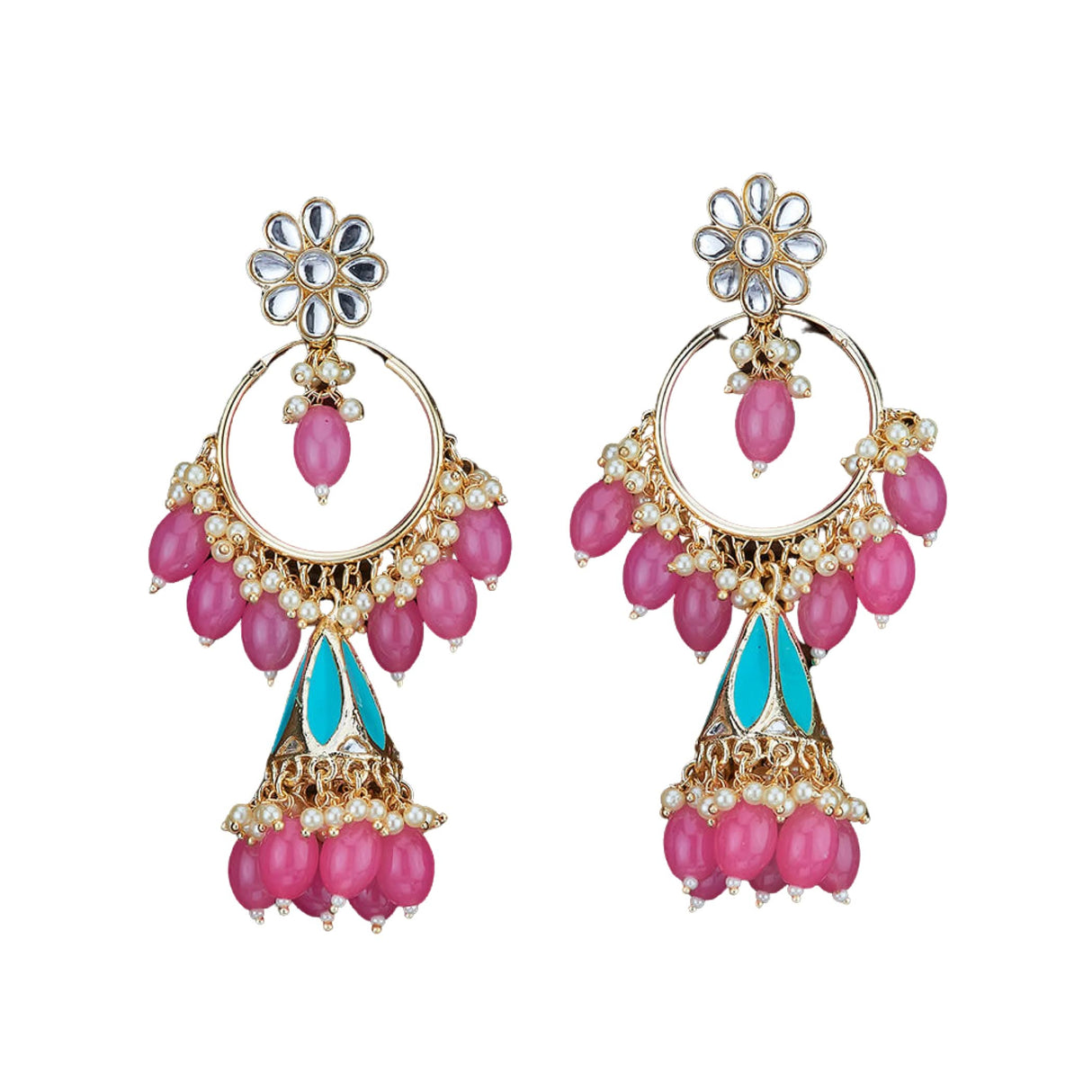 Indian Jhumka Earrings for Women - Large Kundan Faux Pearls Drop Chanbali Earrings Floral Indian Jhumki Ethnic Beaded Bollywood Style Dangle Earrings Jewelry for Bride Birthday Gift for Her - LoveNspire