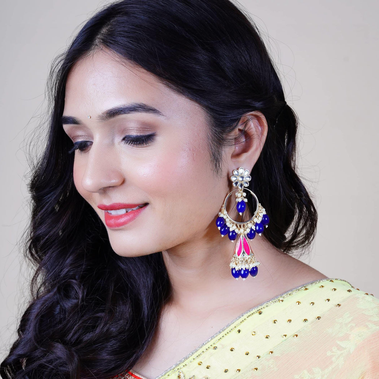 Indian Jhumka Earrings for Women - Large Kundan Faux Pearls Drop Chanbali Earrings Floral Indian Jhumki Ethnic Beaded Bollywood Style Dangle Earrings Jewelry for Bride Birthday Gift for Her - LoveNspire