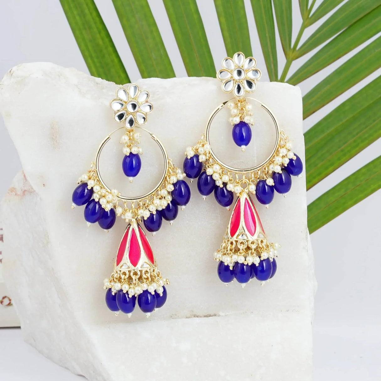 Indian Jhumka Earrings for Women - Large Kundan Faux Pearls Drop Chanbali Earrings Floral Indian Jhumki Ethnic Beaded Bollywood Style Dangle Earrings Jewelry for Bride Birthday Gift for Her - LoveNspire