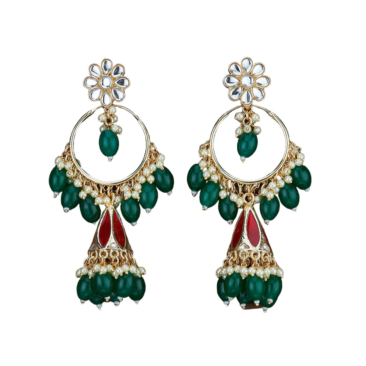 Indian Jhumka Earrings for Women - Large Kundan Faux Pearls Drop Chanbali Earrings Floral Indian Jhumki Ethnic Beaded Bollywood Style Dangle Earrings Jewelry for Bride Birthday Gift for Her - LoveNspire