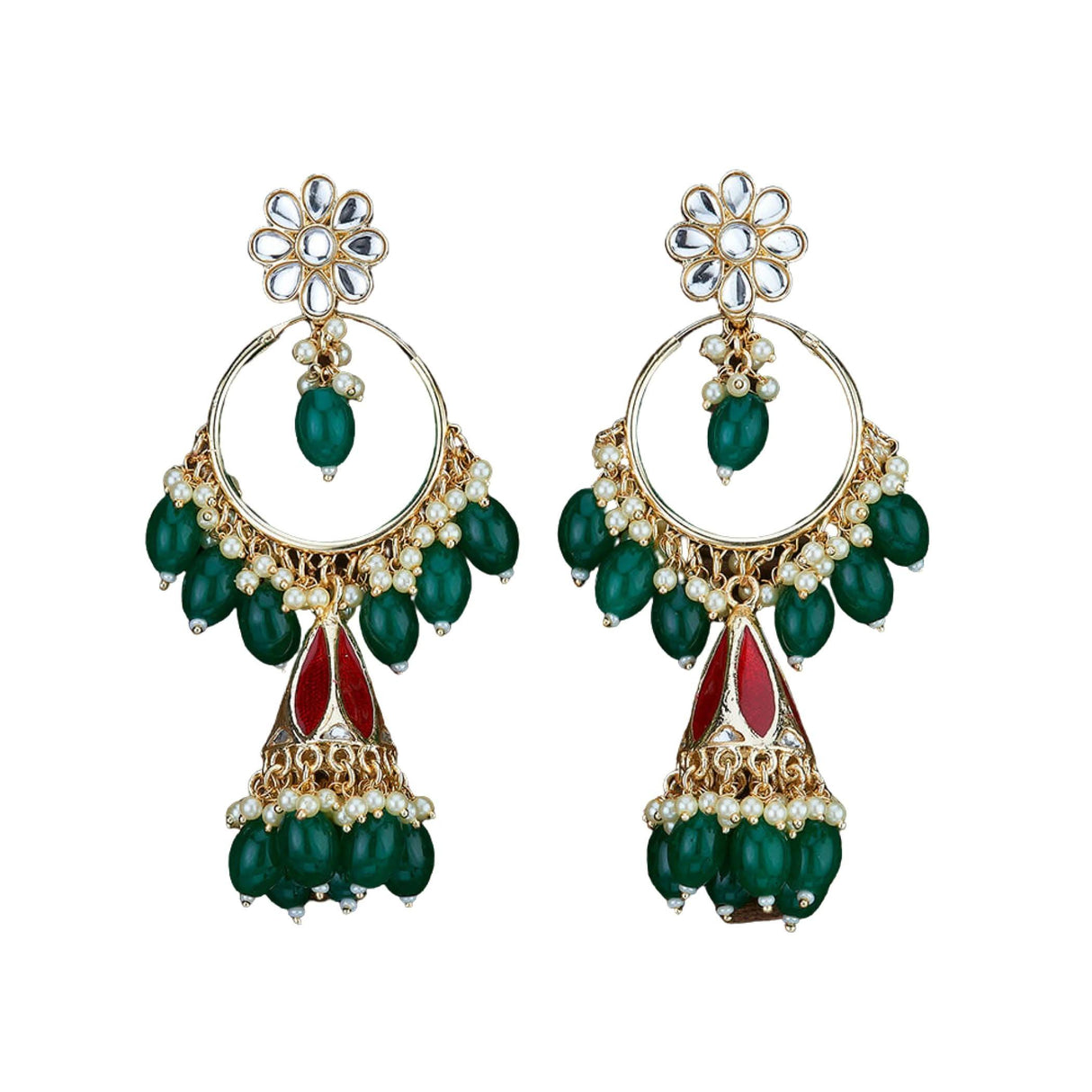 Indian Jhumka Earrings for Women - Large Kundan Faux Pearls Drop Chanbali Earrings Floral Indian Jhumki Ethnic Beaded Bollywood Style Dangle Earrings Jewelry for Bride Birthday Gift for Her - LoveNspire