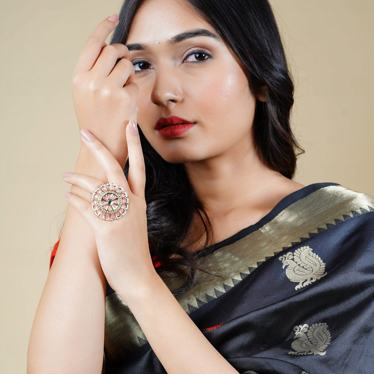 Kundan Pearl Ring with Gold Plating Vintage Round Statement Ring for Women Boho Open Wrap Finger Rings Adjustable Indian Bollywood Jewelry Hand Accessories for Wedding Party Gift - LoveNspire