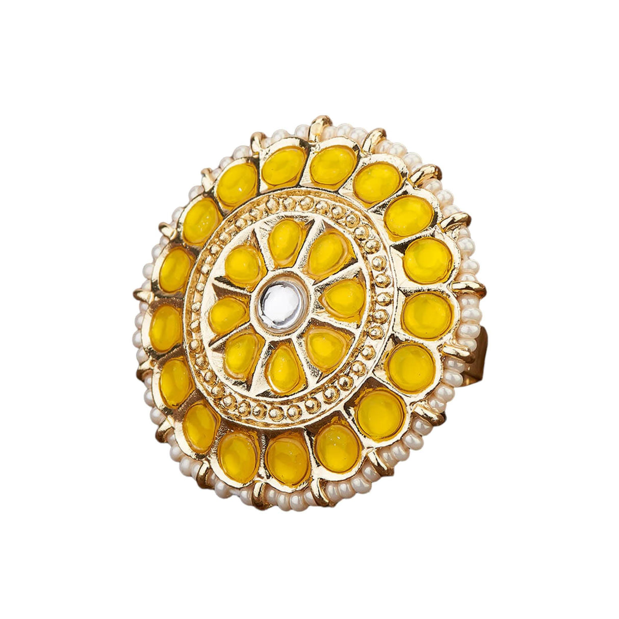 Kundan Pearl Ring with Gold Plating Vintage Round Statement Ring for Women Boho Open Wrap Finger Rings Adjustable Indian Bollywood Jewelry Hand Accessories for Wedding Party Gift - LoveNspire